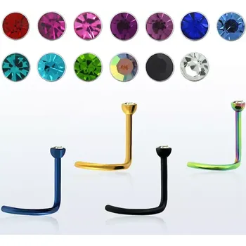 Piercing Různěbarevný zahnutý piercing do nosu s kamínky v různých barvách NSTC (Zahnutý piercing do nosu z chirurgické oceli s kamínky a tělem v různých barvách NSTC)