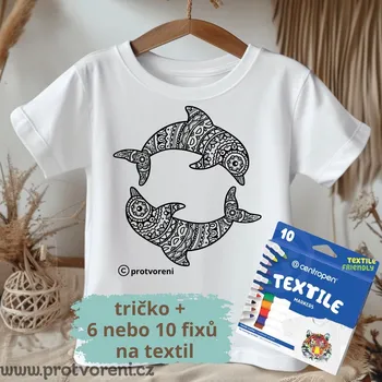 Tričko s potiskem + fixy Tričko k vybarvení, + FIXY, dětské, Tančící DELFÍNI, 1 ks Vyber VELIKOST a počet FIXŮ: 11/12let + 6 fixů