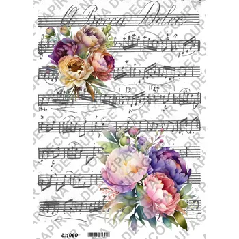 Umělecký papír Rýžový a soft papír na decoupage - Pivoňky na notovém papíře - KB01060 Materiál: Soft, Rozměr: A4