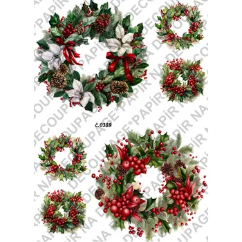 Umělecký papír Rýžový a soft papír na decoupage - Vánoce věnce - KB0389 Materiál: Soft, Rozměr: A4
