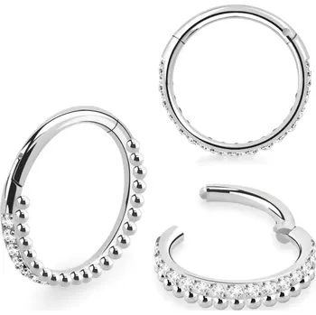 Piercing Ocelový kroužek s dvojitou řadou kamínků a kuliček SGSH43 (Kroužek s dvojitou řadou kamínků a kuliček v barvě leštěné oceli SGSH43)