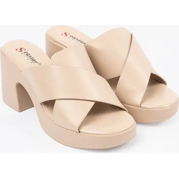 Dámské pantofle Béžové dámské nazouváky na sloupku, podpatek 8 cm AI26KH Velikost: 41