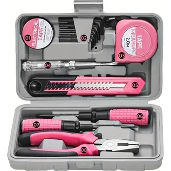Sada nářadí Růžová sada nářadí Šroubováky, kleště, svinovací metr, nůž, izolační páska a imbusové klíče 9 ks Praktické nářadí pro domácnost