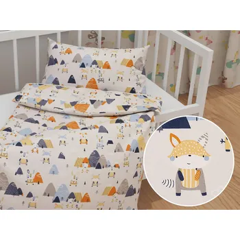 Povlečení Dětské bavlněné povlečení do postýlky Sandra SA-613 Modro-oranžová lesní zvířátka na bledě šedém Do postýlky 90x140 a 40x60 cm