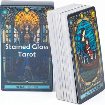Tarotové karty se 78 ilustracemi ve stylu vitráže s rozměry 10,3 x 6 cm vhodné pro výklad budoucnosti i osobní rozvoj