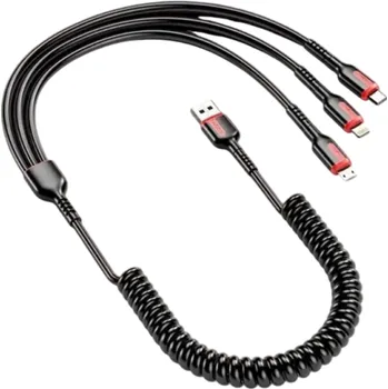 Datový kabel Rychlonabíjecí USB kabel 3v1 66W 6A 1.8 m pružinový datový kabel USB A na USB C + Micro USB + Lightning iPhone odolný rychlé nabíjení