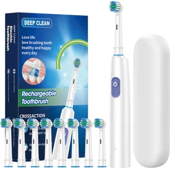 Zubní kartáček Rotující elektrický zubní kartáček pro dospělé Bělení zubů 3D kulatá hlava Měkké štětiny Dobíjecí kartáček 8 náhradních hlavic Efektivní čištění bílá