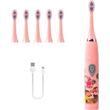 Zubní kartáček Dětský sonický elektrický zubní kartáček USB dobíjení Voděodolný IPX7 Barevný kreslený design 6 náhradních hlavic Měkké štětiny Automatický růžová