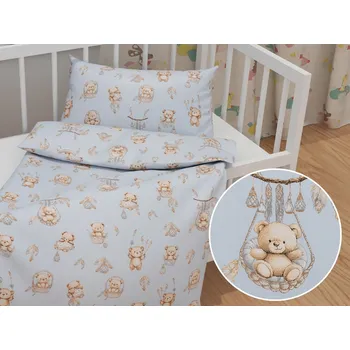 Povlečení Dětské bavlněné povlečení do postýlky Sandra SA-615 Medvídci v košíčcích na modrém Do postýlky 90x130 a 40x60 cm