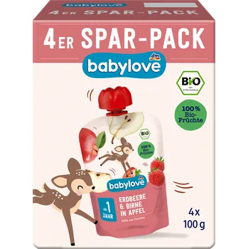 babylove bio ovocný příkrm v sáčku jablko, hruška & jahoda 4x100g