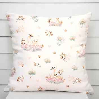 Povlak na dekorativní polštářek Bavlněný povlak na polštář Sandra SA-610 Labutě mezi lekníny na bílém 40 x 40 cm