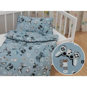 Povlečení Dětské bavlněné povlečení do postýlky Sandra SA-588 Play Game na modrém Do postýlky 90x120 a 40x60 cm