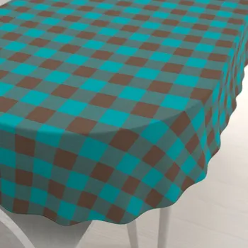 ubrus Bavlněný oválný ubrus Olivia OL-018 Tyrkysovo-hnědá kostka velká 140x160 cm