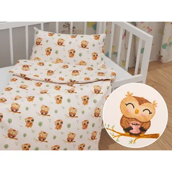 Povlečení Dětské bavlněné povlečení do postýlky Sandra SA-616 Sovičky na větvích na bílém Do postýlky 90x130 a 40x60 cm