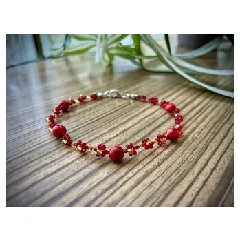 Náramek Náramek z korálků - Květinový červený