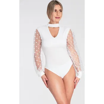 Body Bílé dámské body s puntíkovanými rukávy M1081 White Velikost: S/M