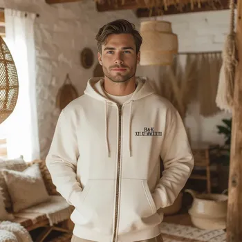 Pánská mikina Mikina na zip s vyšitím DVOU VÝŠIVEK, pro muže Barva: Béžová s černou nití, Velikost: XXL, Umístění výšivky: Obě dvě výšivky na srdci