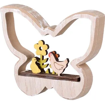 Dřevěná dekorace 155x22x130 mm motýl s kuřátkem a slepičkou 84 gram