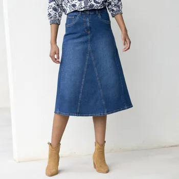 Dámská sukně Rozšířená džínová midi sukně sepraná modrá 48