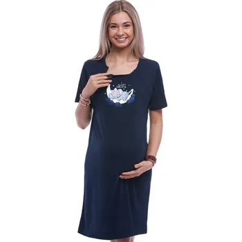 Dámská noční košile Tmavě modrá těhotenská a kojící košile má dvojité propínání na zipy, spící slůňátko na obláčku 1C3901 modrá xl