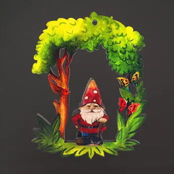 Hodiny AMADEA Dřevěná ozdoba barevná - trpaslík a strom 9 cm, český výrobek