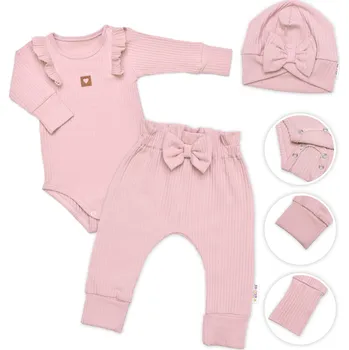 Kojenecké oblečení Baby Nellys Baby Girl žebrovaná rostoucí souprava 3D pudrově růžová