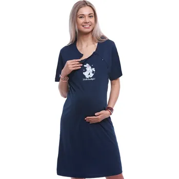 Dámská noční košile Tmavě modrá těhotenská a kojící košile má dvojité propínání na knoflíky, láskyplní králíčci 1C3913 modrá l