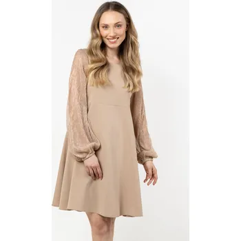 Dámské šaty Trapézové šaty s tylovými rukávy A712 Barva: Béžová, Velikost: XL