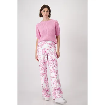 Dámské kalhoty Kalhoty Monari 9122 bílé s růžovými květy široké Velikost: 34