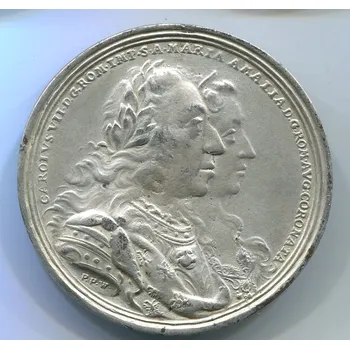 Karel VII. Albrecht Bavorský (Wittelsbach) a Marie Amálie Habsburská. Korunovační medaile 1742.