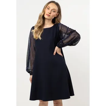 Dámské šaty Trapézové šaty s tylovými rukávy A712 Barva: Tmavě Modrá, Velikost: M
