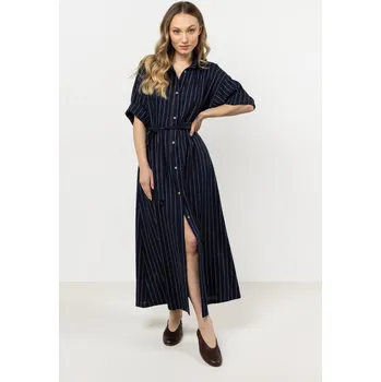 Dámské šaty Lněné košilové šaty s jemnými pruhy A730 Barva: Tmavě Modrá, Velikost: XL
