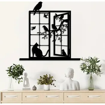 Obraz BAF Kovová dekorace na stěnu Okno s kočkou a ptákem