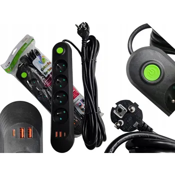 Napájecí kabel Przedłużacz Listwa Zasilająca 4x230V 5M 2500W USB-A USB-C Kancelář Domácnost