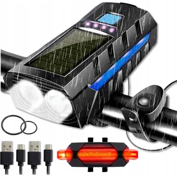 Cyklosvítilna SOLÁRNÍ LED SVĚTLO NA KOLO S HORNEM, PŘEDNÍ A ZADNÍ, NA ŘÍDÍTKA