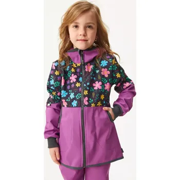 Unuo, Dívčí softshellový kabát s fleecem Street, Ostružinová, Kytičky velikost 128/134