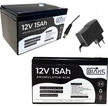 Záložní baterie Akumulátor AGM 12V 15Ah BIAKS (rozměr 10Ah 12Ah 14Ah) komplet nabíječka ZÁSTRČKA