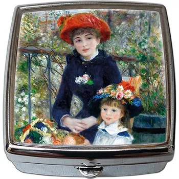Kosmetické zrcátko Plumeria Plu - Krabička na tablety lékovka-pilulník se zrcátkem Pierre-Auguste Renoir, Two sisters on the terrace - 54x58x18 mm