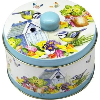 Dóza na potraviny IT'S SPRINGTIME plechová dóza barel 3339/80 kreslené sýkorky, ptačí budka a rozkvetlé jarní kvítí