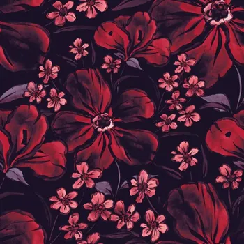 Venezia, Velké i drobné červené květy (E)** (Polyesterový úplet Venezia)