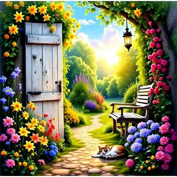 Diamantové malování Diamantové malování - Lavička pod stromem v kvetoucí zahradě (70 x 70)