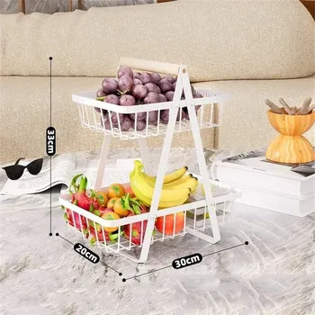 Kovový stojan na ovoce a pečivo s dřevěnými madly | kuchyňský organizér, ovocný košík - Bílá 2vrstvá