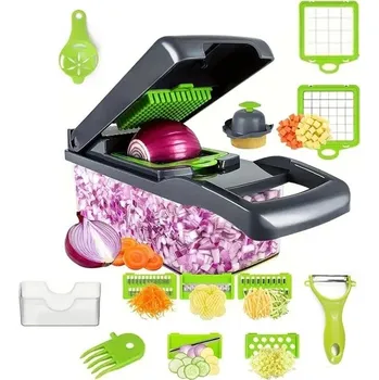 Kráječ zeleniny Víceúčelový kráječ zeleniny s madlem pro snadné krájení | kuchyňský kráječ, kráječ na zeleninu - 16 v 1 šedé