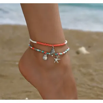 Řetízek B-TOP Set 2 ks řetízků na nohu z barevných korálků s mořskými přívěsky