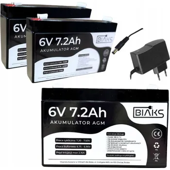 Záložní baterie 2x AGM 6V 7,2Ah Akumulátor BIAKS ( kapacita 7 Ah ) s 12V nabíječkou a UPS zástrčkou