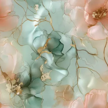 Silky, Světle meruňkové květy na zelenkavém mramoru (E)** (Lehká vzdušná šatovka)