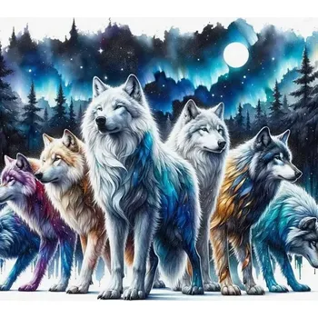 Diamantové malování Diamantové malování - Vlci v nočním lese + třpytivé kamínky (50 x 50)