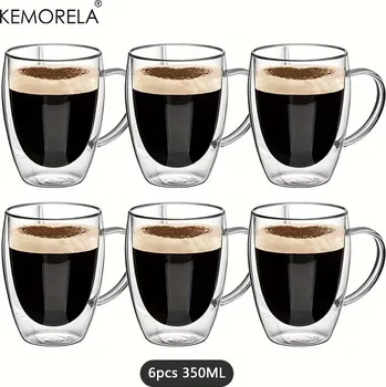 Sklenice na kávu s dvojitou stěnou a uchem | skleněný hrnek, čirý hrnek - 6KS