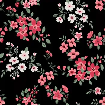 Silky, Drobné růžové kvítky na černé (E)** (Lehká vzdušná šatovka)