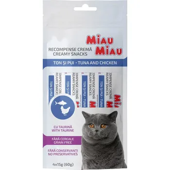 Krmivo pro kočku Miau Miau Creamy Snacks Cat tuňák a kuřecí 15 g (4 pack)
